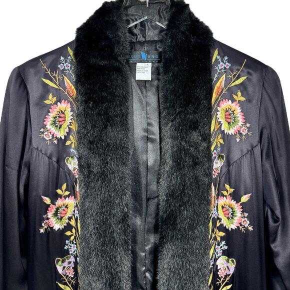 Vintage Sue Wong Floral Embroidered Silk Duster Coat 4 Faux Fur Long Black - Picture 2 of 8
